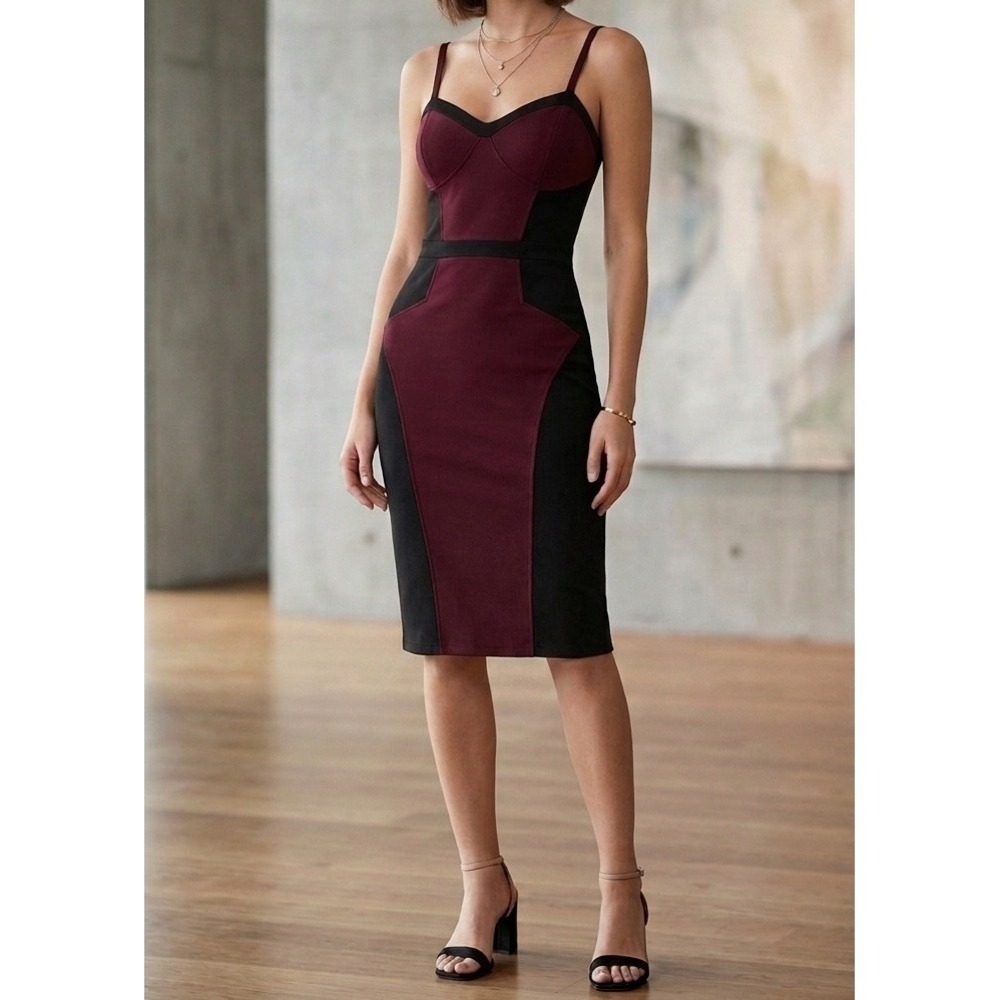 XOXO Colorblock Black Burgundy Sweetheart Neckline Spaghetti Strap Dress Sz 9/10